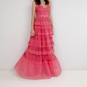 Needle & Thread Layered/Tiered Embroidered Cami Maxi Dress in Hot Pink